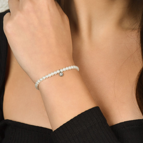BRACCIALE DONNA IN ACCIAIO CON PERLE SINTETICHE CON CRISTALLO BIANCO