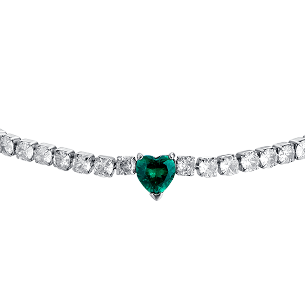 BRACCIALE TENNIS DONNA IN ACCIAIO CON CRISTALLI BIANCHI E CUORE CRISTALLO VERDE