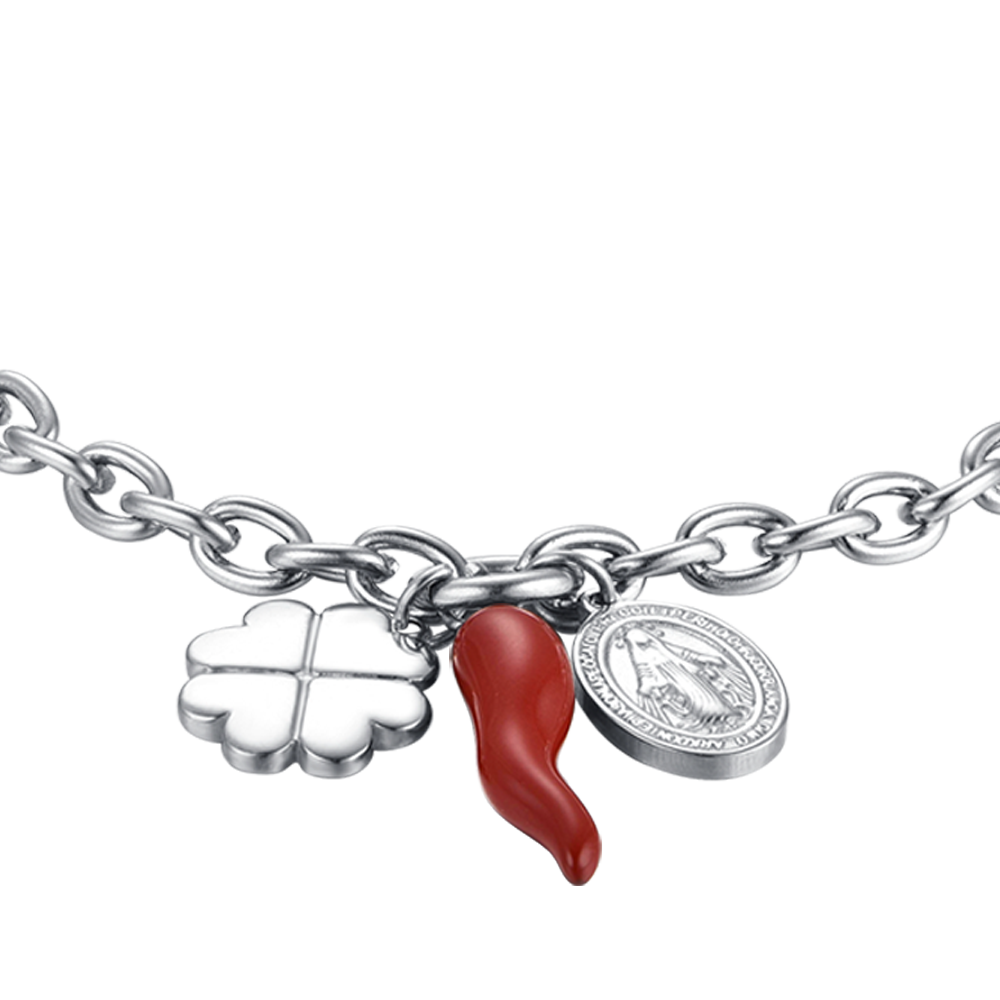 BRACELET EN ACIER POUR FEMMES AVEC TRÈFLE À QUATRE FEUILLES, CORNE ET BRELOQUE DE MADONE