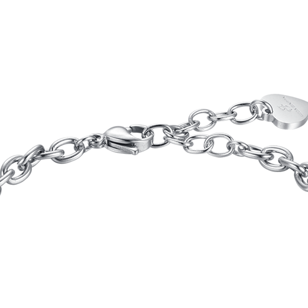 BRACELET EN ACIER POUR FEMMES AVEC TRÈFLE À QUATRE FEUILLES, CORNE ET BRELOQUE DE MADONE