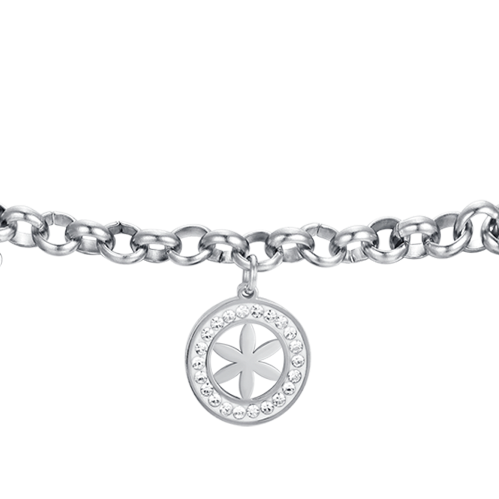 BRACCIALE DONNA IN ACCIAIO CON FIORE DELLA VITA E CRISTALLI BIANCHI
