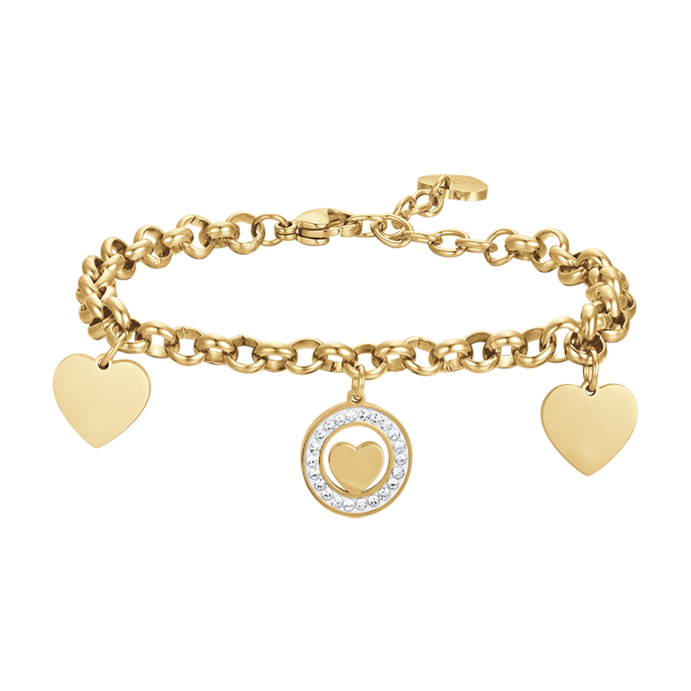 BRACCIALE DONNA IN ACCIAIO IP GOLD CON CUORI E CRISTALLI BIANCHI