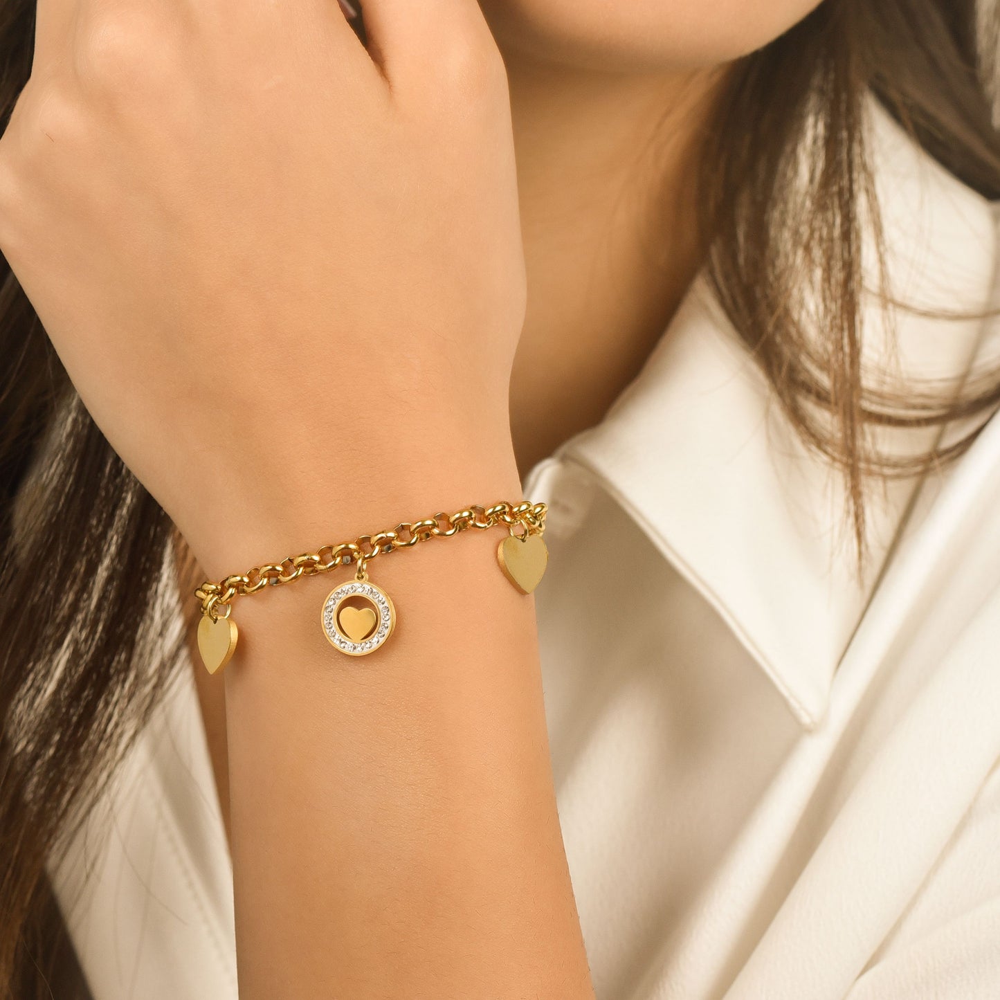 BRACCIALE DONNA IN ACCIAIO CON CUORI E CRISTALLI BIANCHI