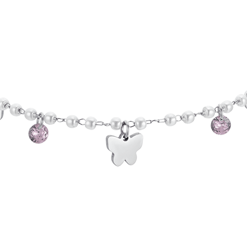 BRACCIALE DONNA IN ACCIAIO PERLE CON FARFALLE
