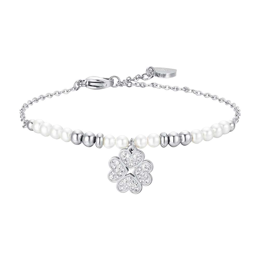 BRACCIALE DONNA IN ACCIAIO CON PERLE SINTETICHE E QUADRIFOGLIO