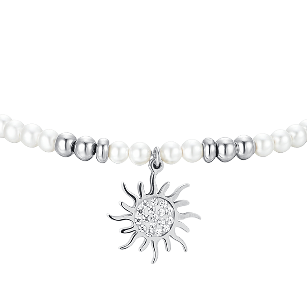 BRACCIALE DONNA IN ACCIAIO CON PERLE SINTETICHE E SOLE