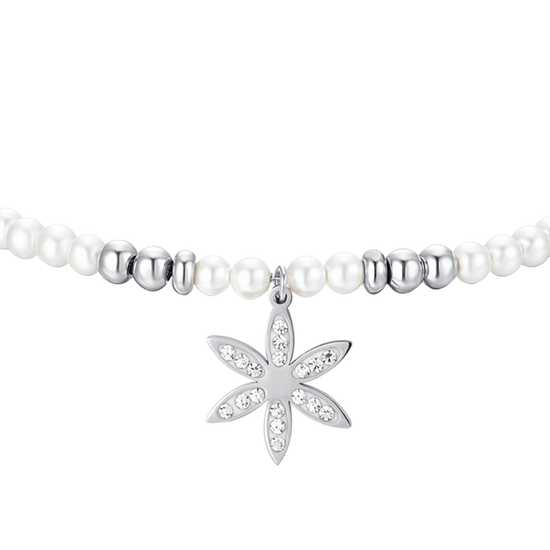 BRACCIALE DONNA IN ACCIAIO CON PERLE SINTETICHE E FIORE DELLA VITA