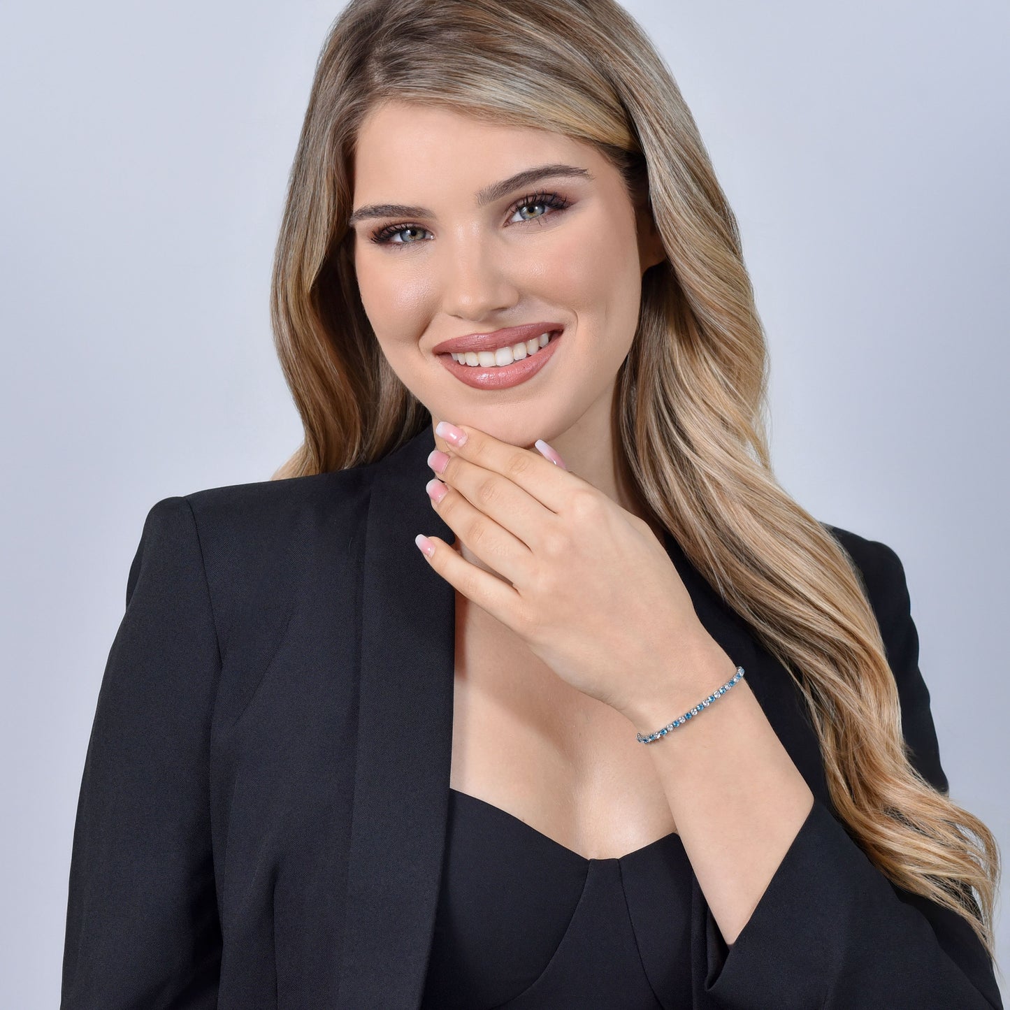 BRACCIALE TENNIS DONNA CRISTALLI AZZURRI E BIANCHI