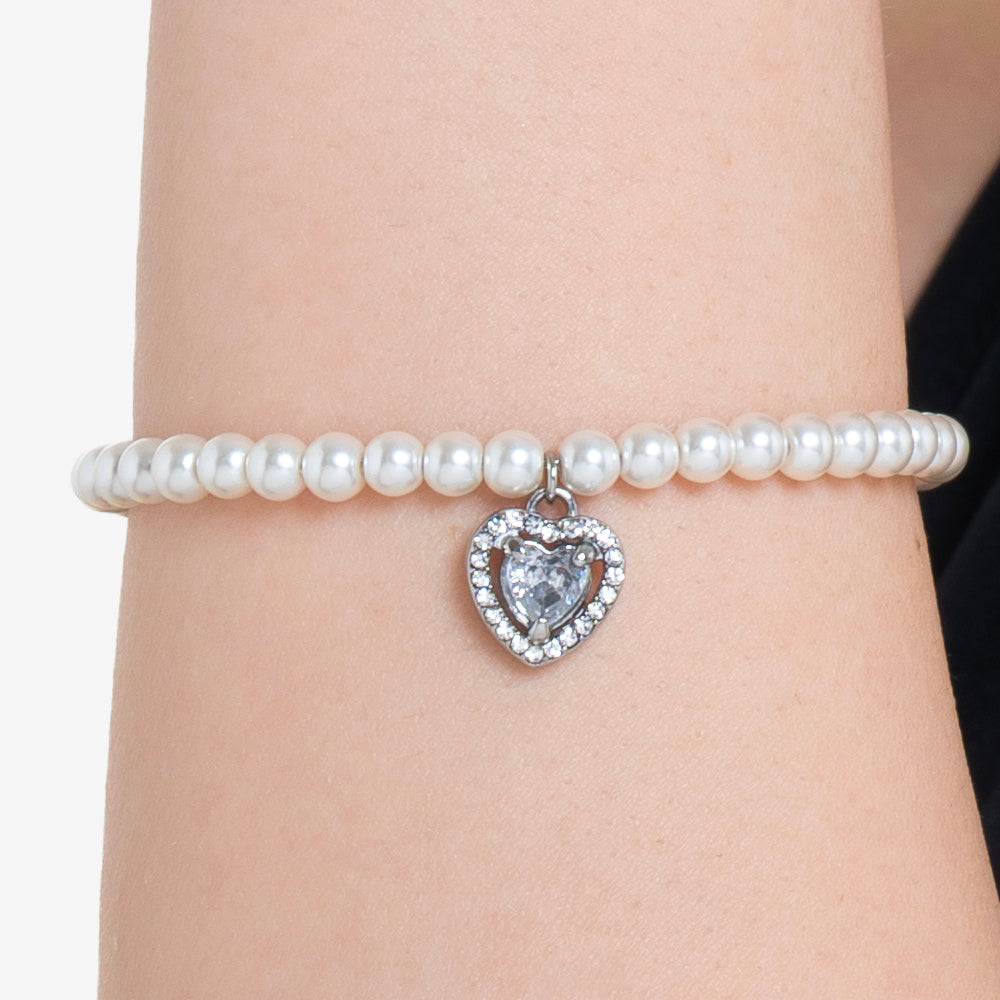 BRACCIALE DONNA IN ACCIAIO PERLE E CUORE ZIRCONE BIANCO