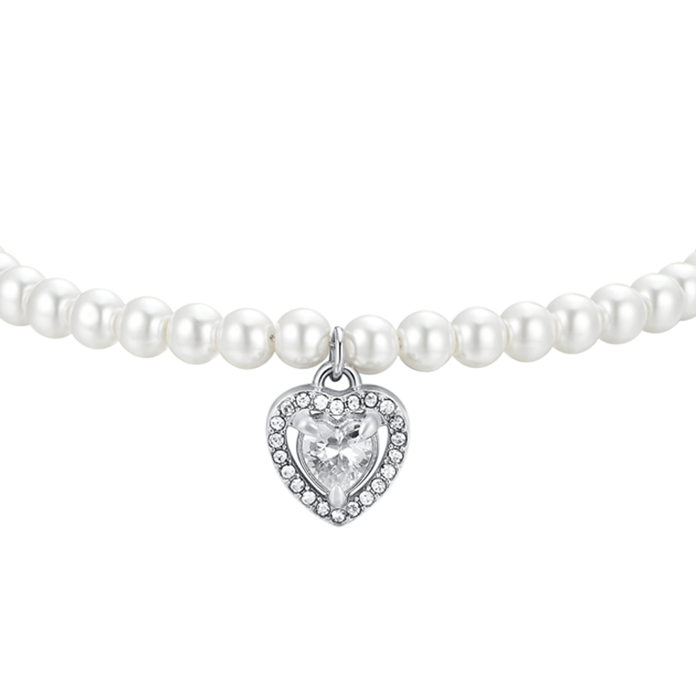 BRACCIALE DONNA IN ACCIAIO PERLE E CUORE ZIRCONE BIANCO Luca Barra