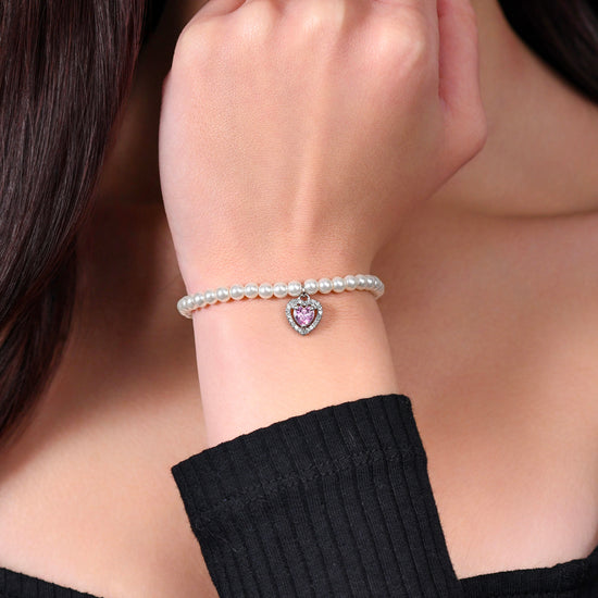 BRACCIALE DONNA IN ACCIAIO PERLE SINTETICHE E CUORE ZIRCONE ROSA