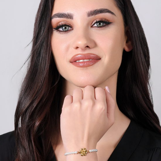 BRACCIALE DONNA IN ACCIAIO IP GOLD PERLE E ROSA