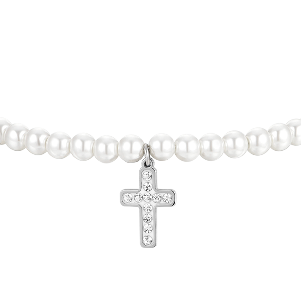 BRACCIALE DONNA IN ACCIAIO PERLE E CROCE