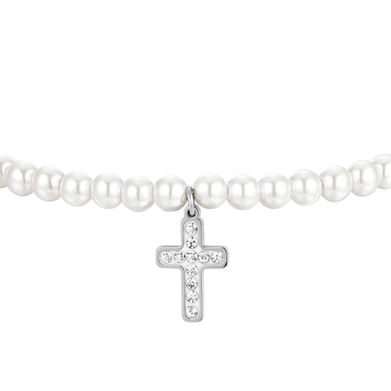 BRACCIALE DONNA IN ACCIAIO PERLE E CROCE