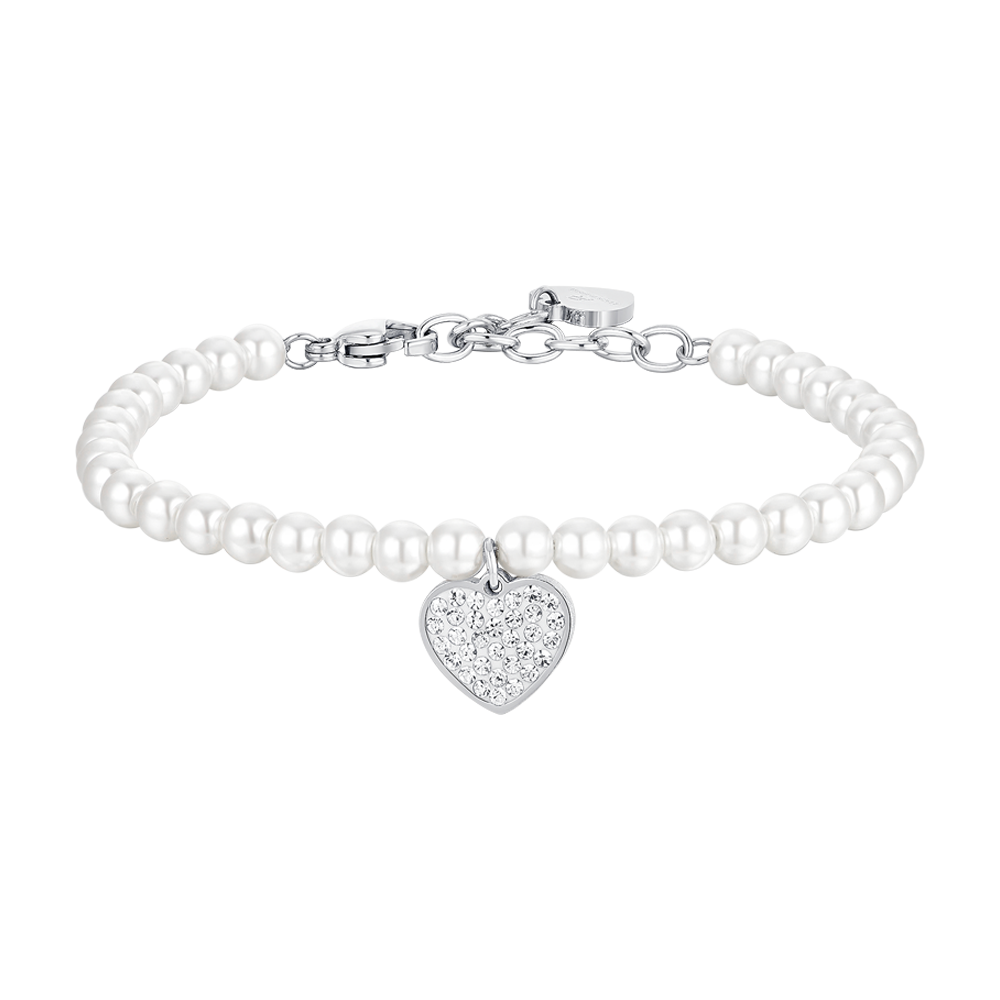 BRACCIALE DONNA IN ACCIAIO PERLE SINTETICHE E CUORE