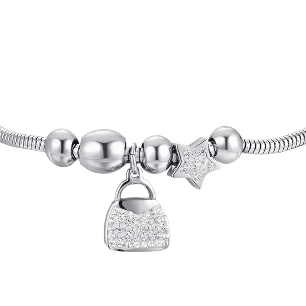 BRACCIALE DONNA IN ACCIAIO BORSA E CRISTALLI