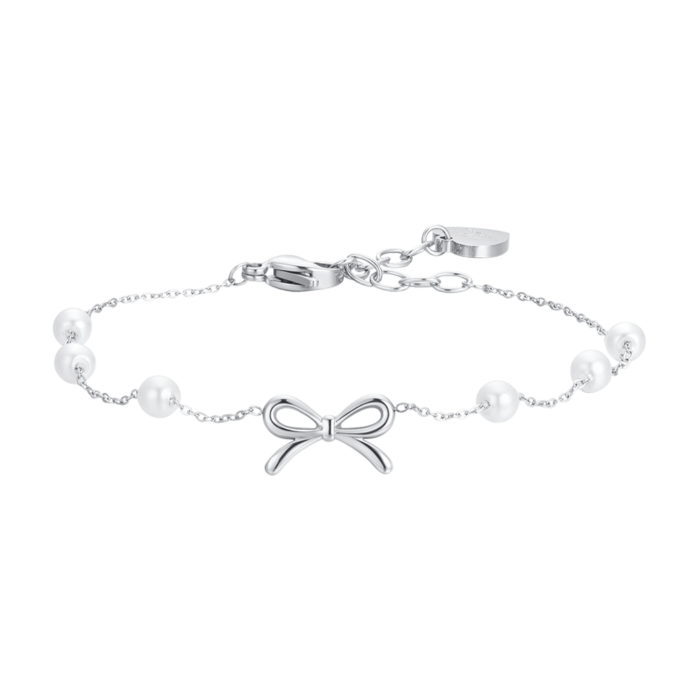 BRACCIALE DONNA IN ACCIAIO PERLE SINTETICHE E FIOCCO