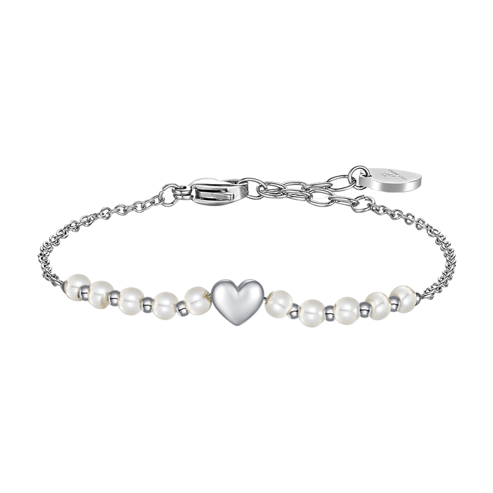 BRACCIALE DONNA IN ACCIAIO E PERLE SINTETICHE BIANCHE CON CUORE