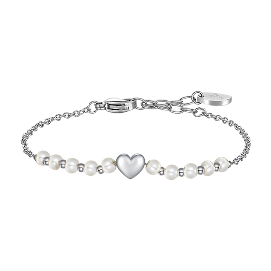 BRACCIALE DONNA IN ACCIAIO E PERLE SINTETICHE BIANCHE CON CUORE