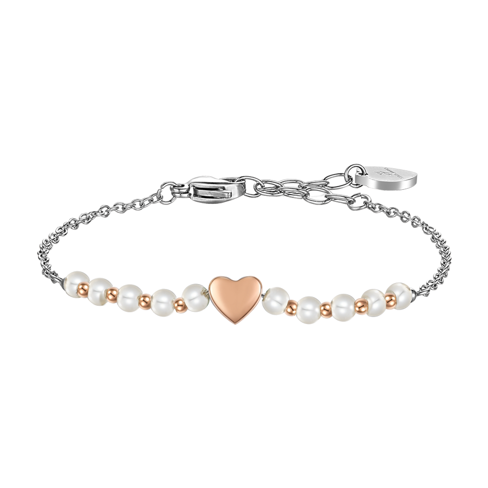 BRACCIALE DONNA IN ACCIAIO IP GOLD E PERLE SINTETICHE BIANCHE CON CUORE IP ROSE