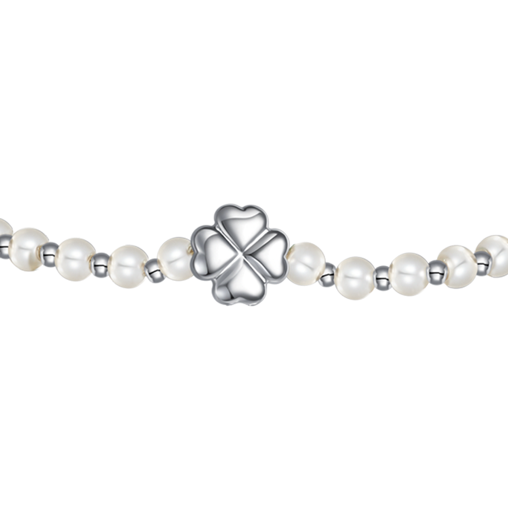 BRACCIALE DONNA CON QUADRIFOGLIO IN ACCIAIO E PERLE SINTETICHE BIANCHE