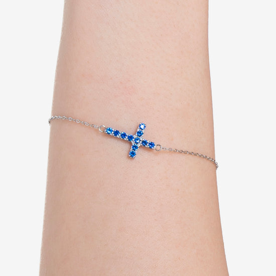 Carica immagine nella Galleria BRACCIALE DONNA IN ACCIAIO CON CROCE E ZIRCONI BLU
