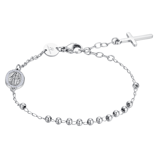 BRACCIALE DONNA ROSARIO IN ACCIAIO, MEDAGLIETTA CON MADONNINA MIRACOLOSA