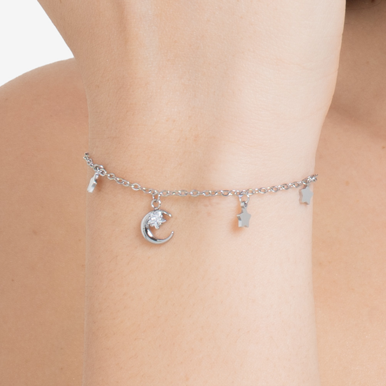 BRACCIALE DONNA IN ACCIAIO, LUNA CON ZIRCONE BIANCO E STELLE