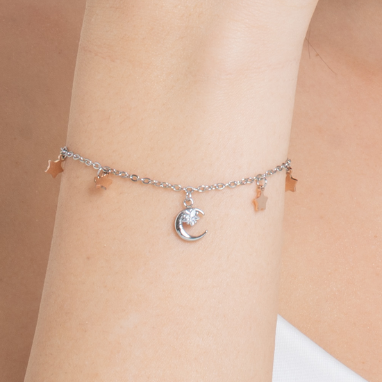 BRACCIALE DONNA IN ACCIAIO, LUNA CON ZIRCONE BIANCO E STELLE IP ROSE