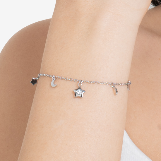 BRACCIALE DONNA IN ACCIAIO, STELLA CON ZIRCONE BIANCO, LUNE E STELLE