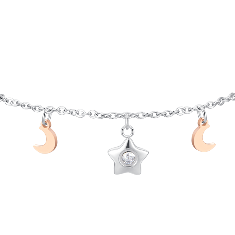 BRACCIALE DONNA IN ACCIAIO, STELLA CON ZIRCONE BIANCO, LUNE E STELLE IP ROSE