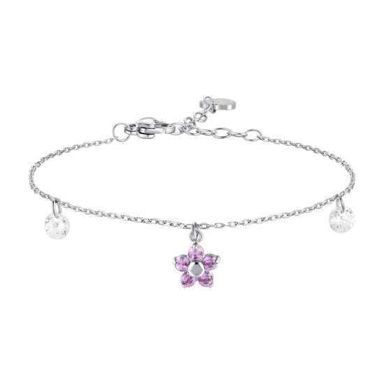 BRACCIALE DONNA IN ACCIAIO CON PENDENTE FIORE E PETALI ZIRCONE ROSA