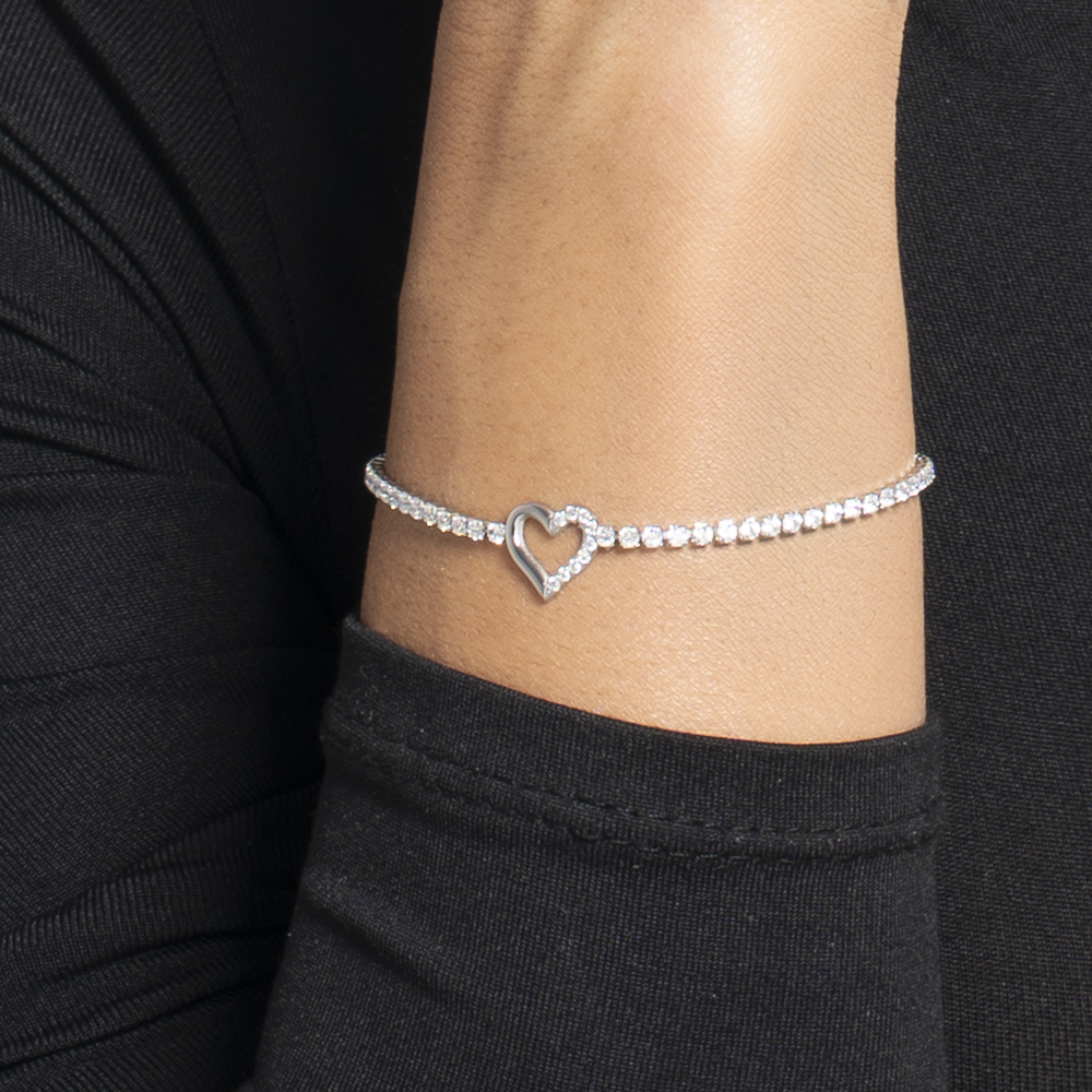 BRACCIALE TENNIS DONNA IN ACCIAIO CON CUORE E PUNTI LUCE DI ZIRCONE BIANCO