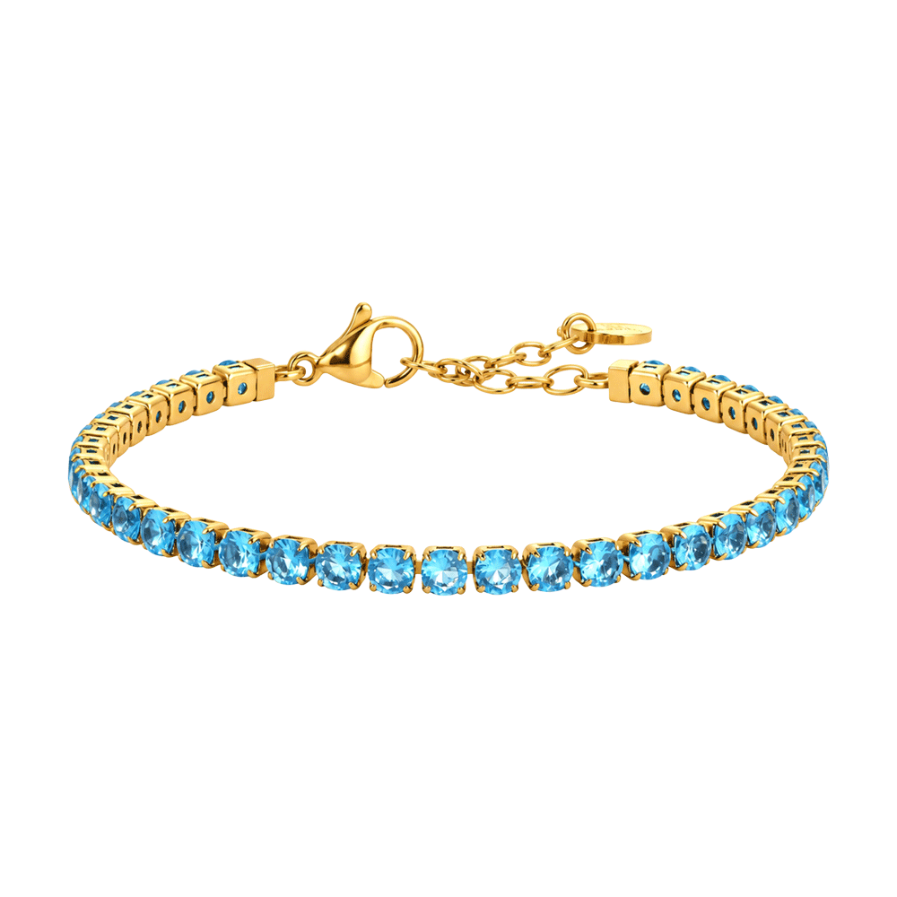 BRACCIALE DONNA TENNIS IN ACCIAIO IP GOLD CON CRISTALLI AZZURRI