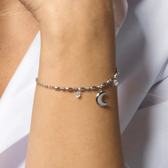 Bracciale Donna In Acciaio Inox 316L Con Ciondolo Luna – Anallergico, Catena Con Moschettone, Colore Argento – Regalo In Scatola