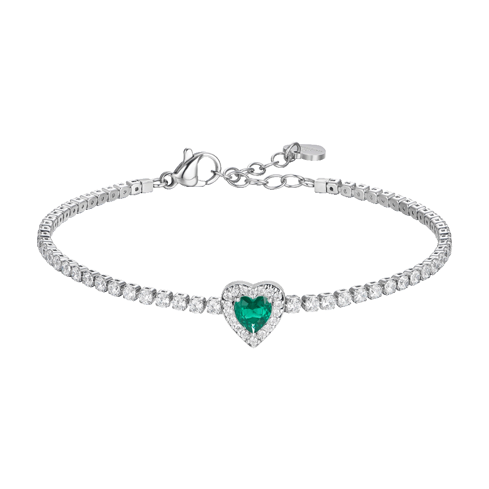 BRACCIALE TENNIS DONNA IN ACCIAIO CON CUORE CON ZIRCONI VERDI E BIANCHI