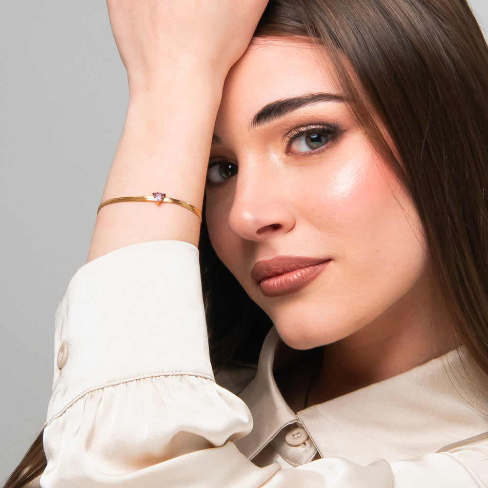 BRACCIALE DONNA IN ACCIAIO COLORE ORO CON ZIRCONE ROSA