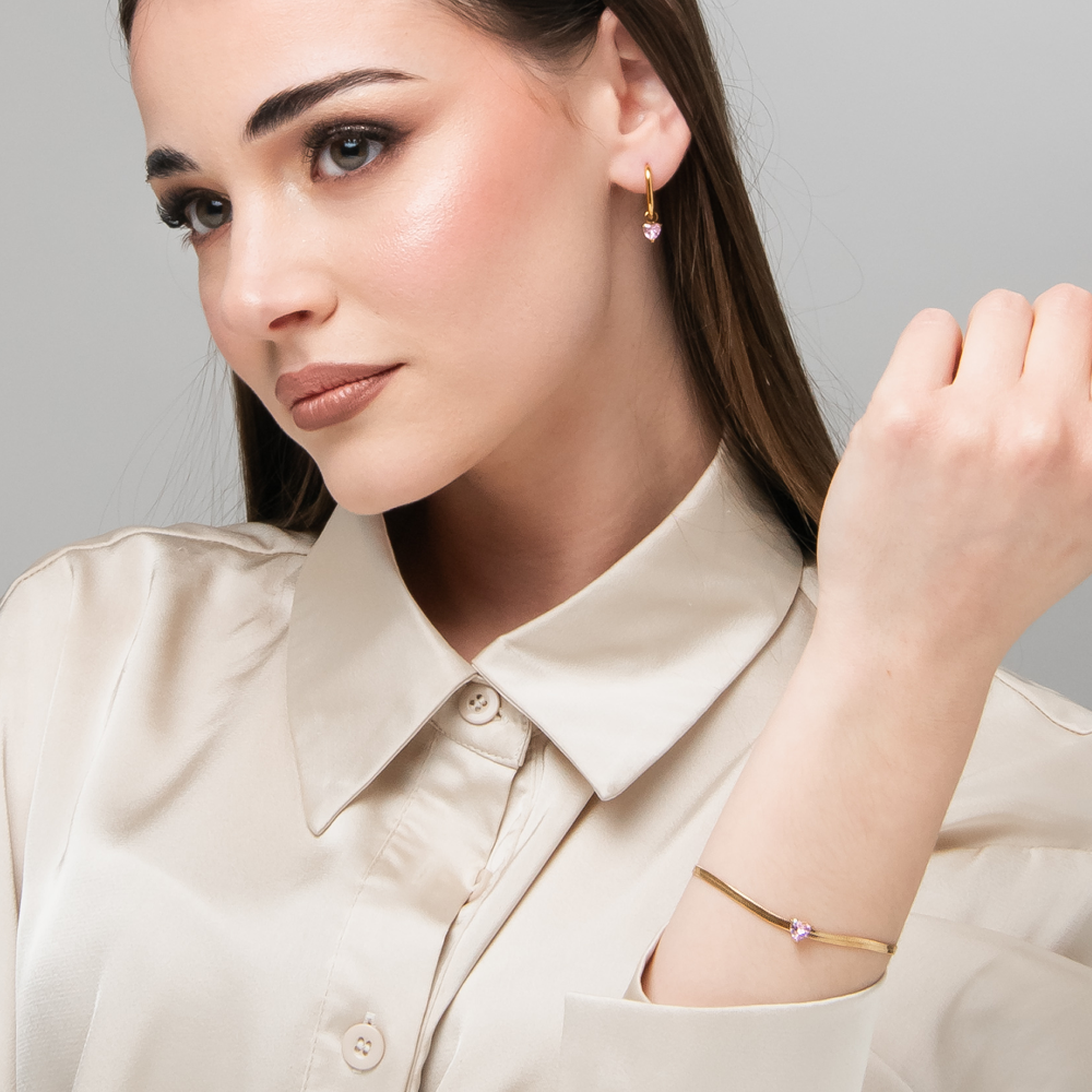 BRACCIALE DONNA IN ACCIAIO COLORE ORO CON ZIRCONE ROSA