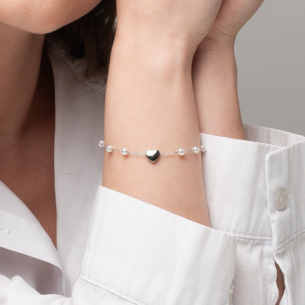 BRACELET FEMME EN ACIER AVEC PERLES ET COEUR