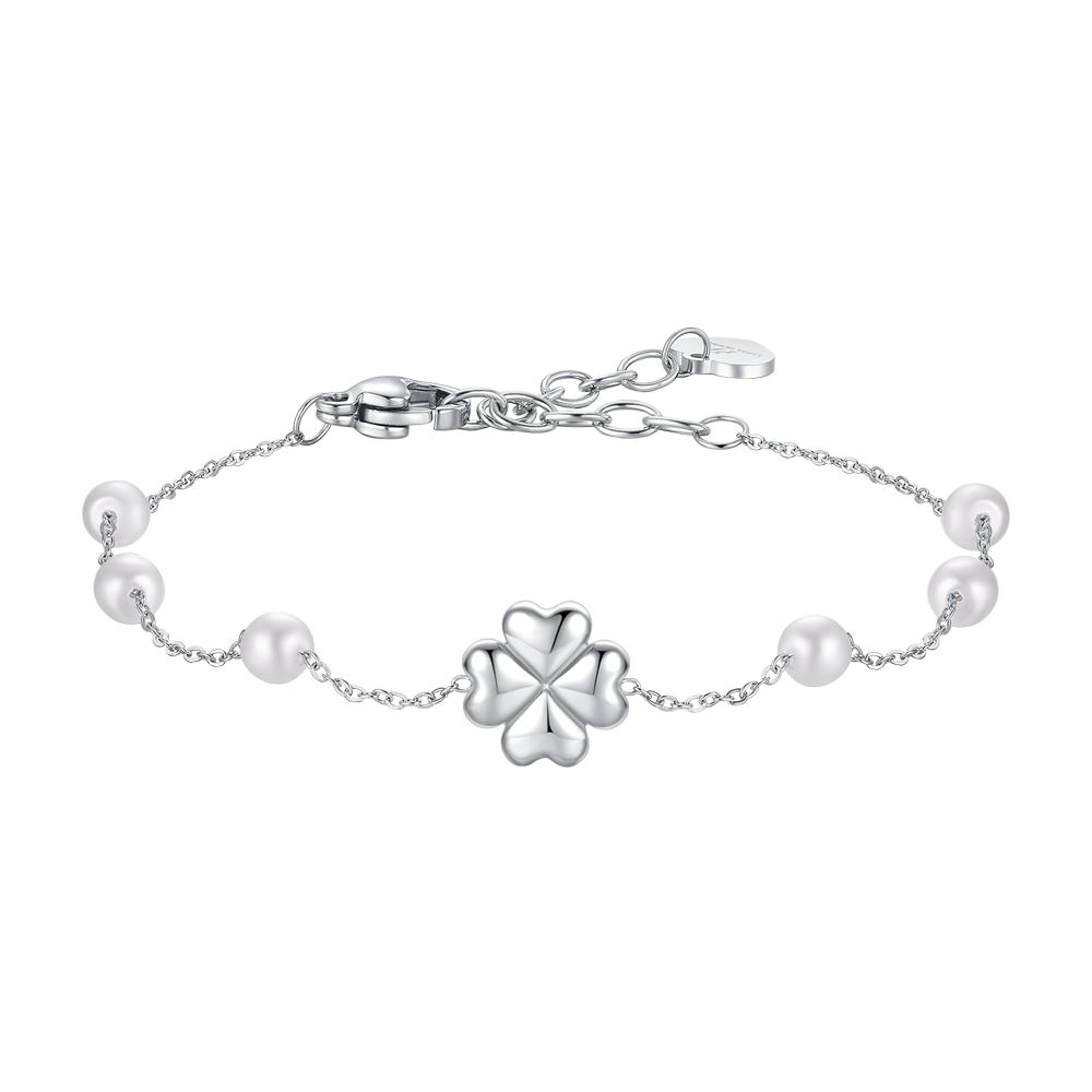 WOMEN'S STEEL BRACELET WITH PEARLS AND FOUR-LEAF CLOVER