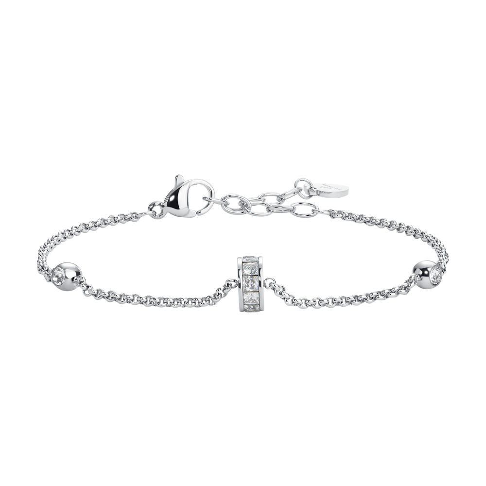 BRACCIALE DONNA IN ACCIAIO, BUSSOLOTTO ED ELEMENTI CON ZIRCONI BIANCHI