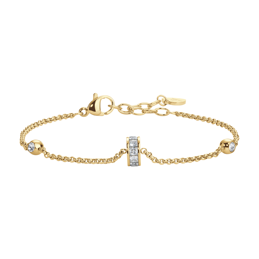 BRACCIALE DONNA IN ACCIAIO IP GOLD, BUSSOLOTTO ED ELEMENTI CON ZIRCONI BIANCHI