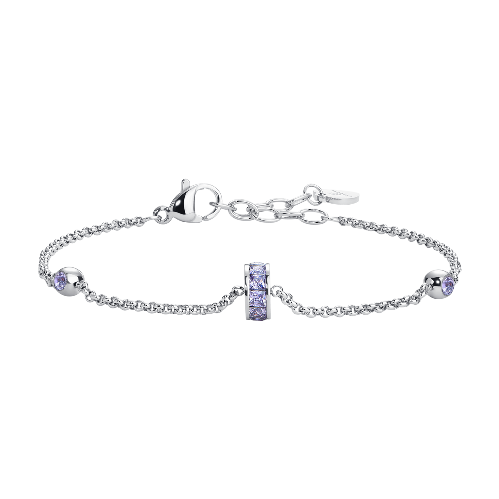 BRACCIALE DONNA IN ACCIAIO, BUSSOLOTTO ED ELEMENTI CON ZIRCONI VIOLA