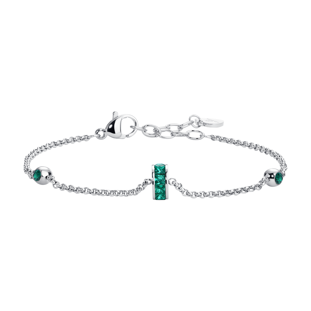 BRACCIALE DONNA IN ACCIAIO, BUSSOLOTTO ED ELEMENTI CON ZIRCONI VERDI