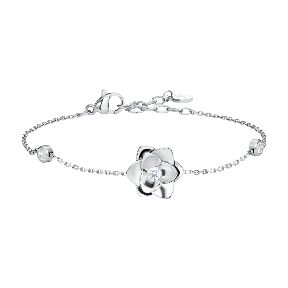 BRACCIALE DONNA IN ACCIAIO, FIORE ED ELEMENTI CON ZIRCONI BIANCHI
