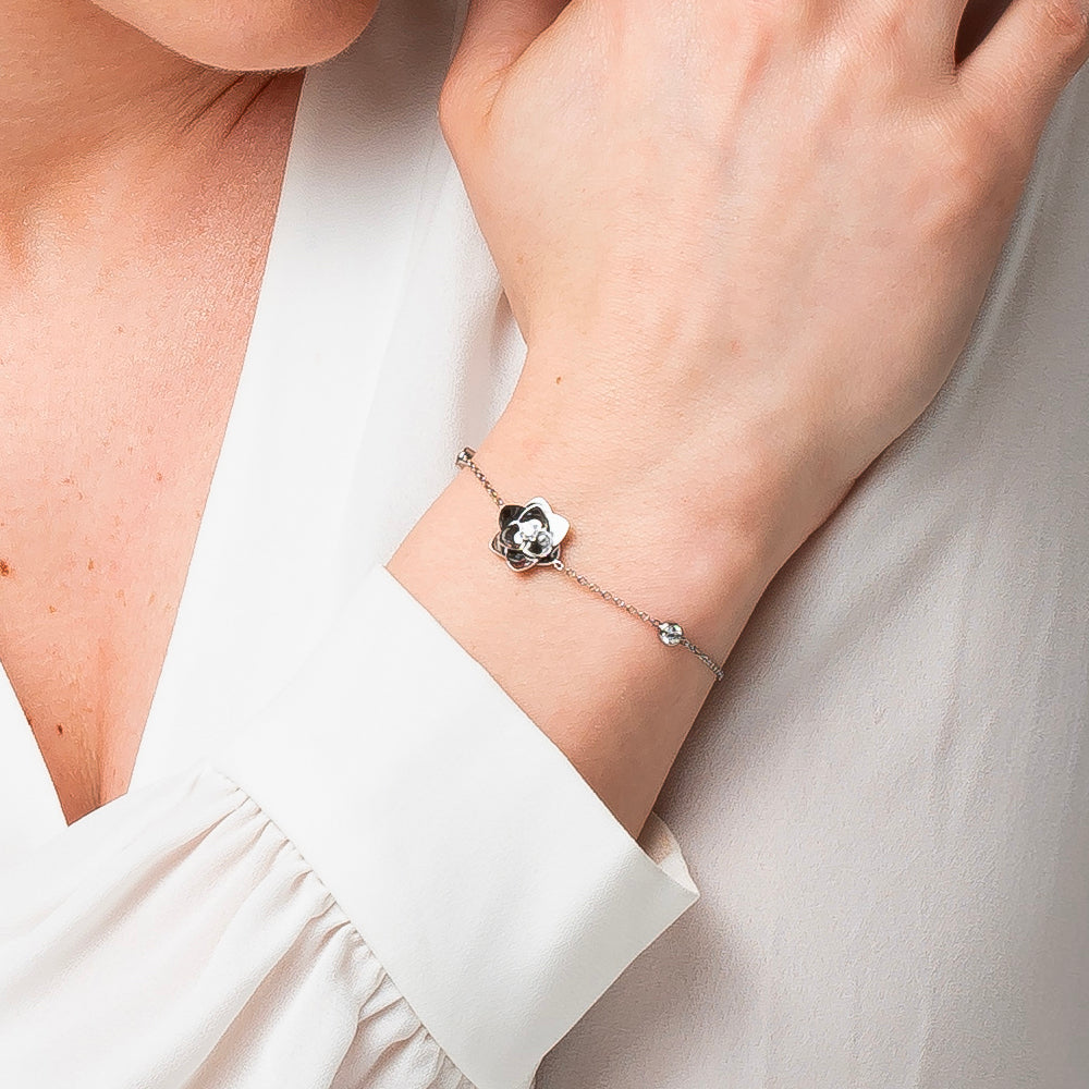 BRACCIALE DONNA IN ACCIAIO, FIORE ED ELEMENTI CON ZIRCONI BIANCHI