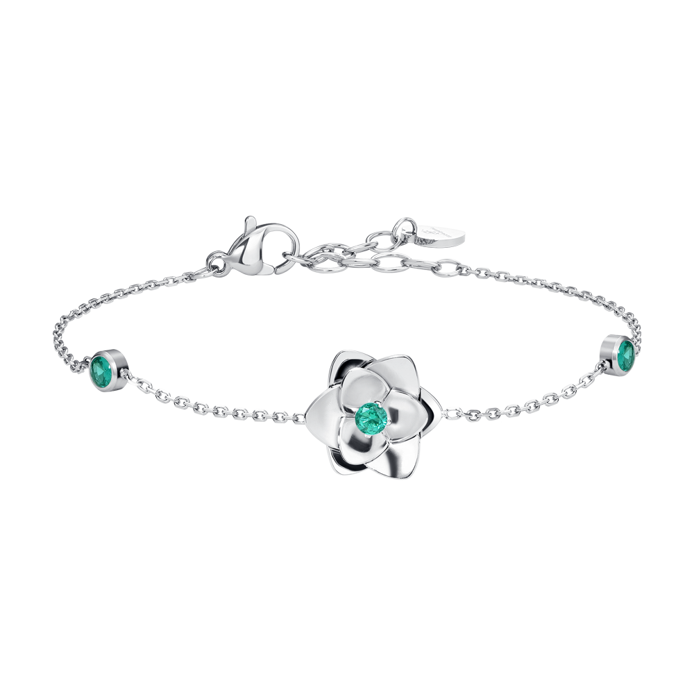 BRACCIALE DONNA IN ACCIAIO, FIORE ED ELEMENTI CON ZIRCONI VERDI