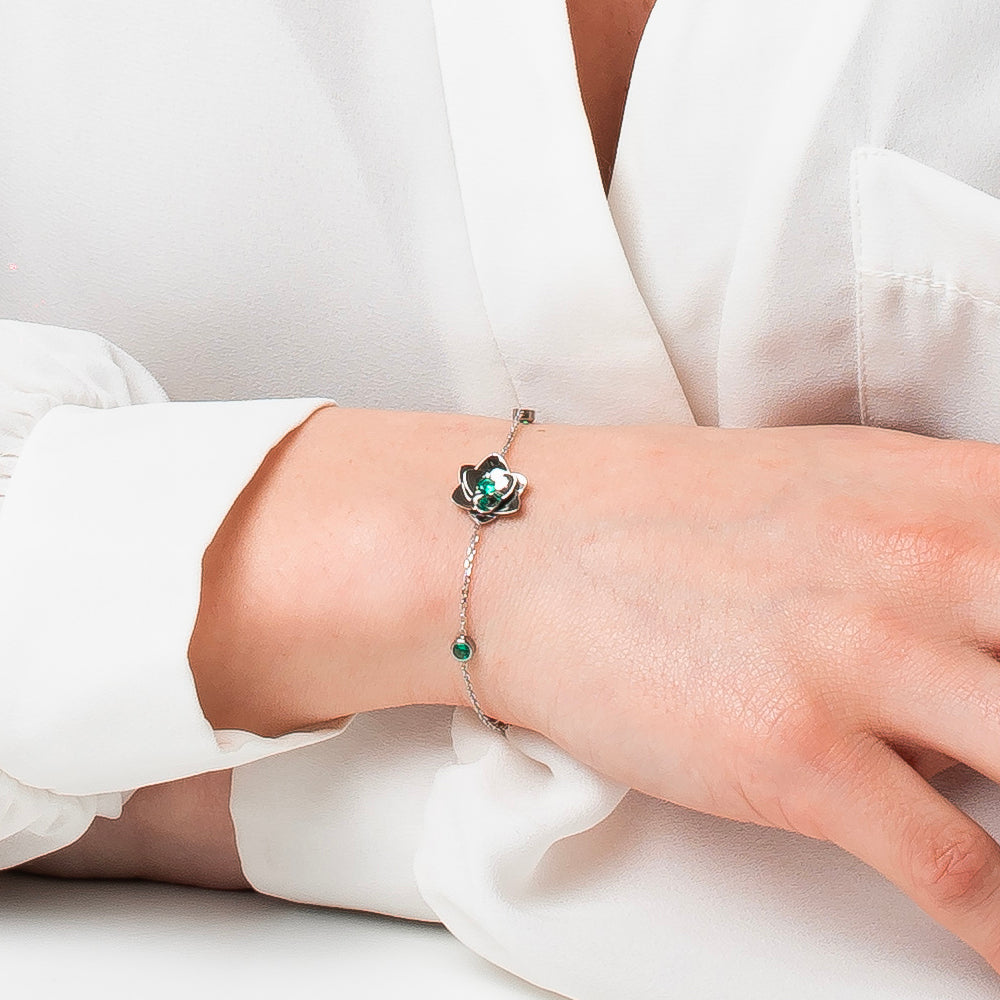 BRACCIALE DONNA IN ACCIAIO, FIORE ED ELEMENTI CON ZIRCONI VERDI