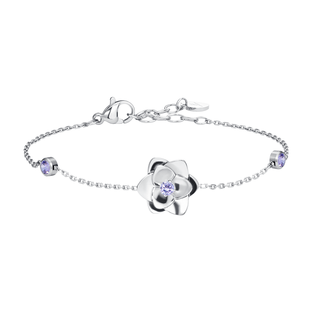 BRACCIALE DONNA IN ACCIAIO, FIORE ED ELEMENTI CON ZIRCONI VIOLA