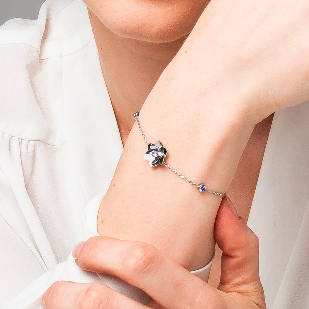 BRACCIALE DONNA IN ACCIAIO, FIORE ED ELEMENTI CON ZIRCONI VIOLA